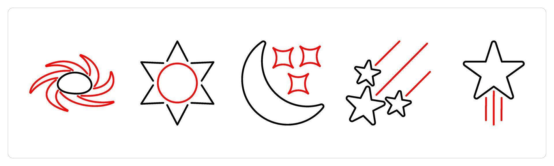 5 Astronomy icons as red hole, sun, moon in red bold vector