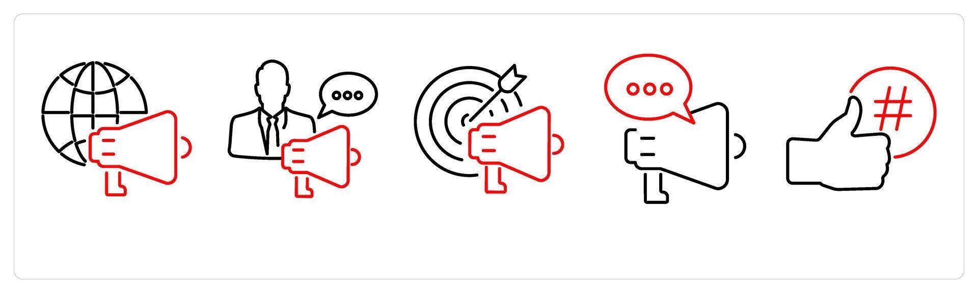 5 Branding icons as marketing, promotion, advertising target in red bold vector