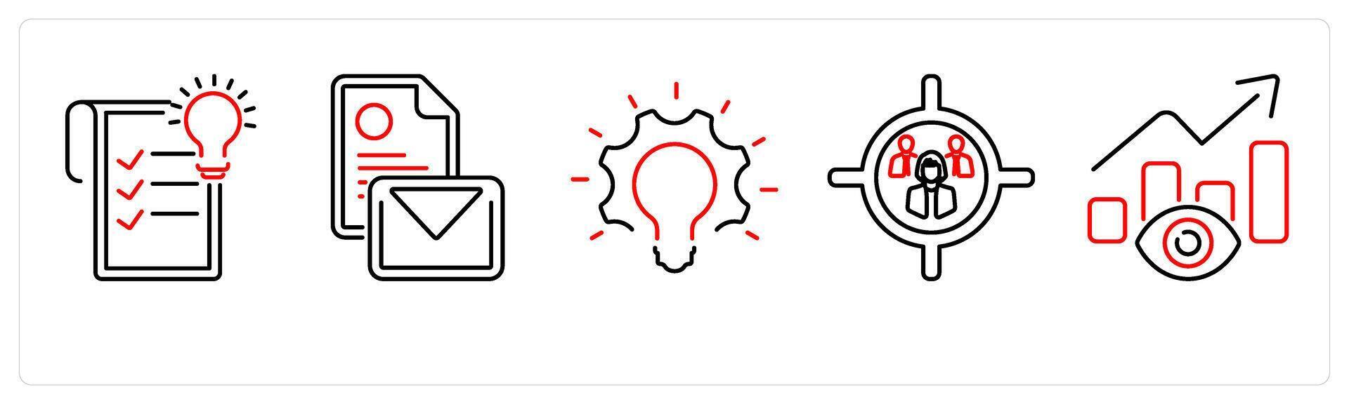 5 Branding icons as concept, mail, innovation, target audience in red bold vector