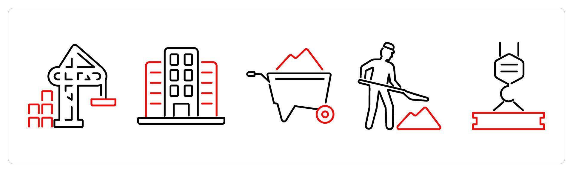 5 Build icons as crane, building, wheelbarrow in red bold vector