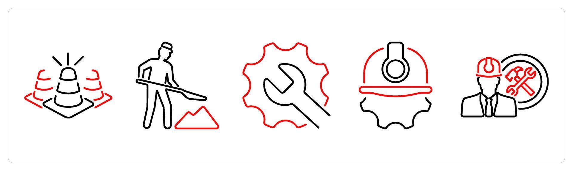 5 Build icons as cone, construction, maintenance in red bold vector