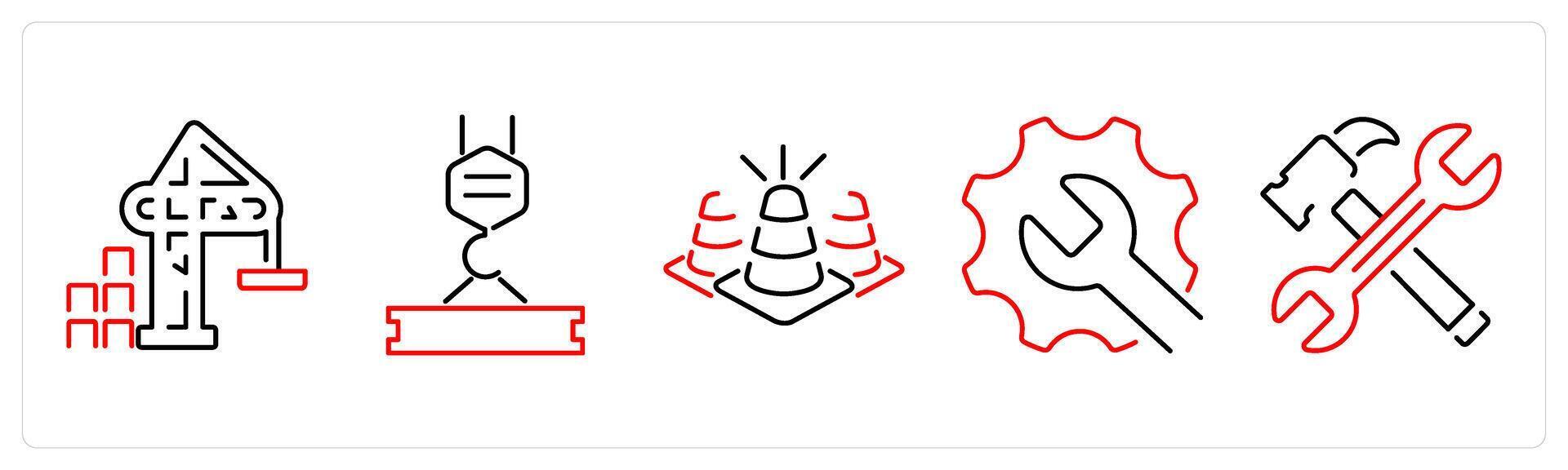 5 Build icons as crane, hoist, cone in red bold vector