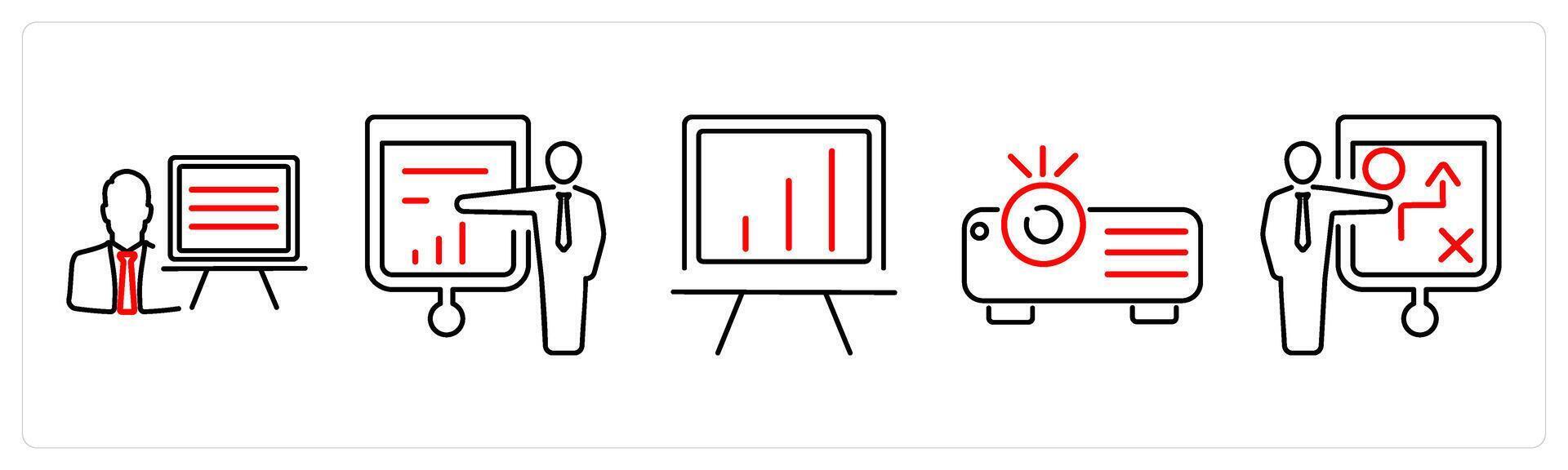 5 Business Presentation icons as presentation, presenter, white board in red bold vector