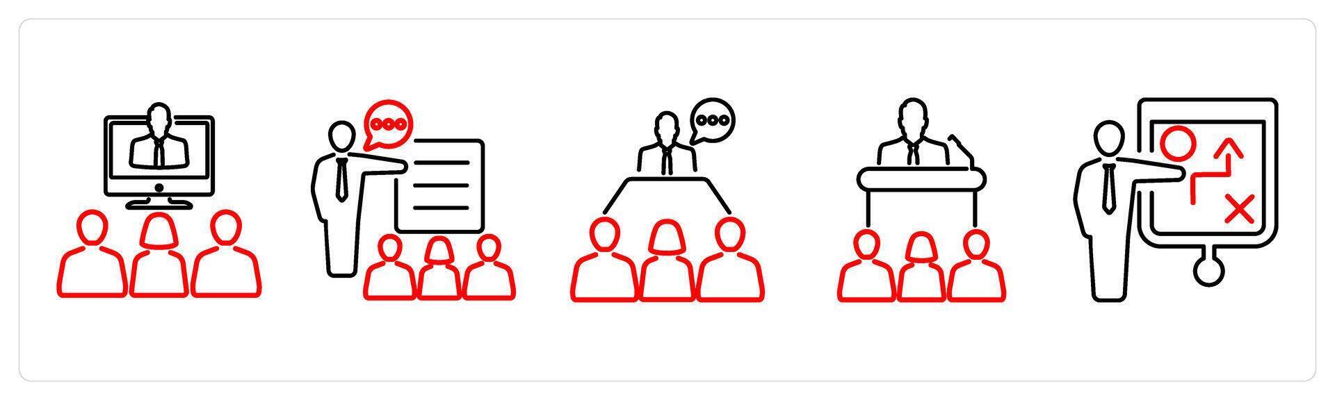 5 Business Presentation icons as seminar, explanation, manager in red bold vector