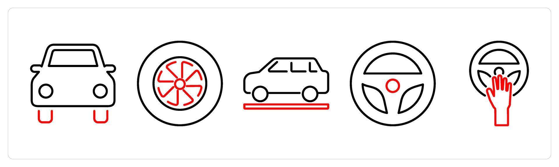 5 Car icons as car, wheel, vehicle in red bold vector