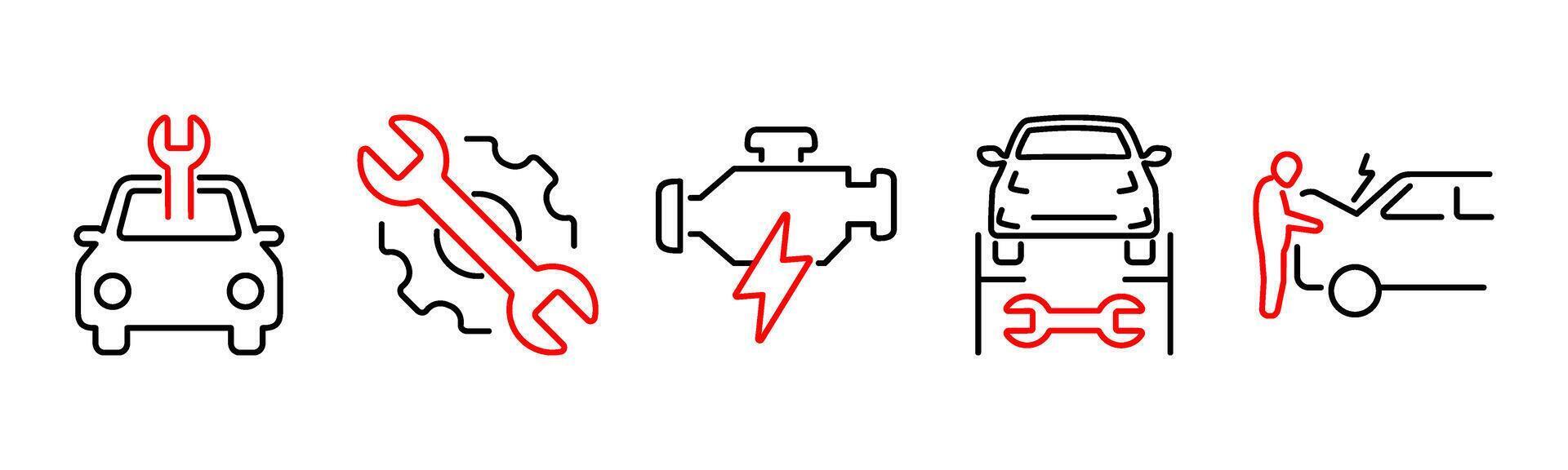 5 Car icons as car service, maintenance, engine in red bold vector