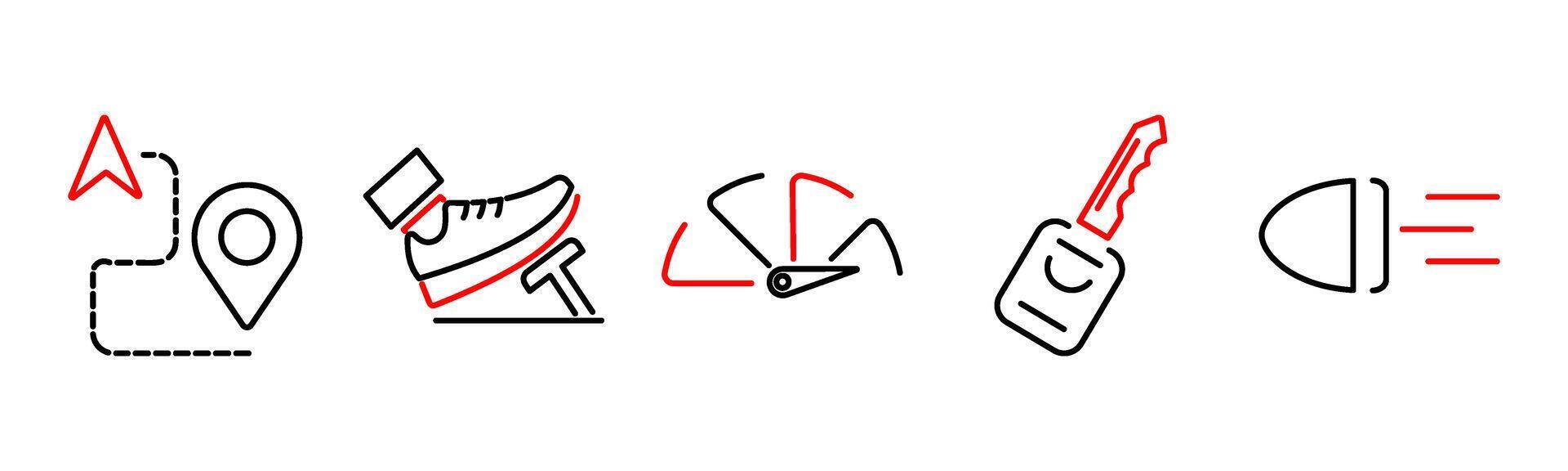 5 Car icons as gps, accelerate, gauge in red bold vector