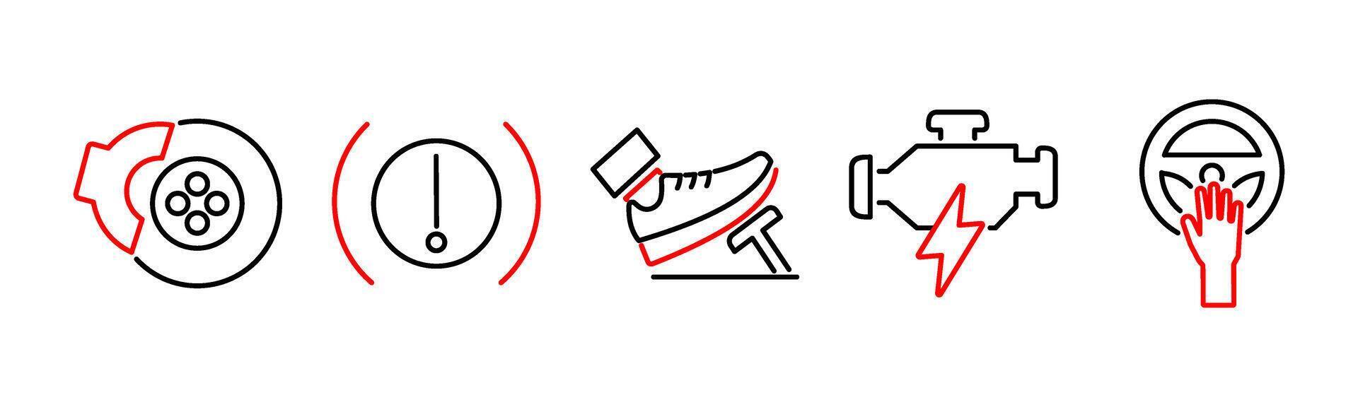 5 Car icons as brake, brake warning, accelerate in red bold vector