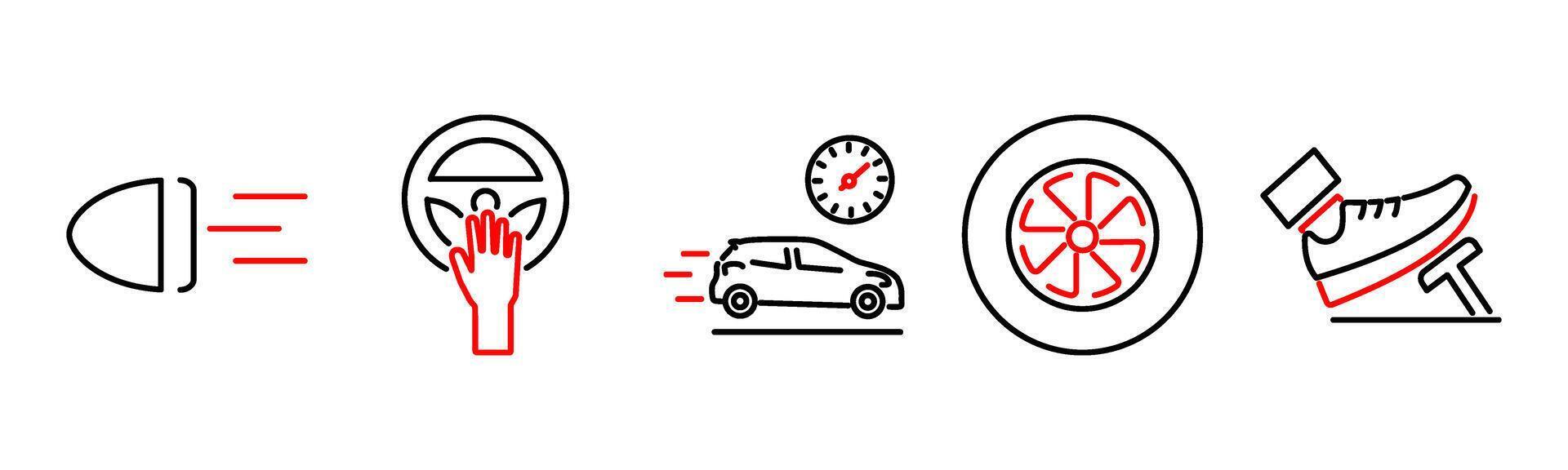 5 Car icons as light, horn, speed in red bold vector