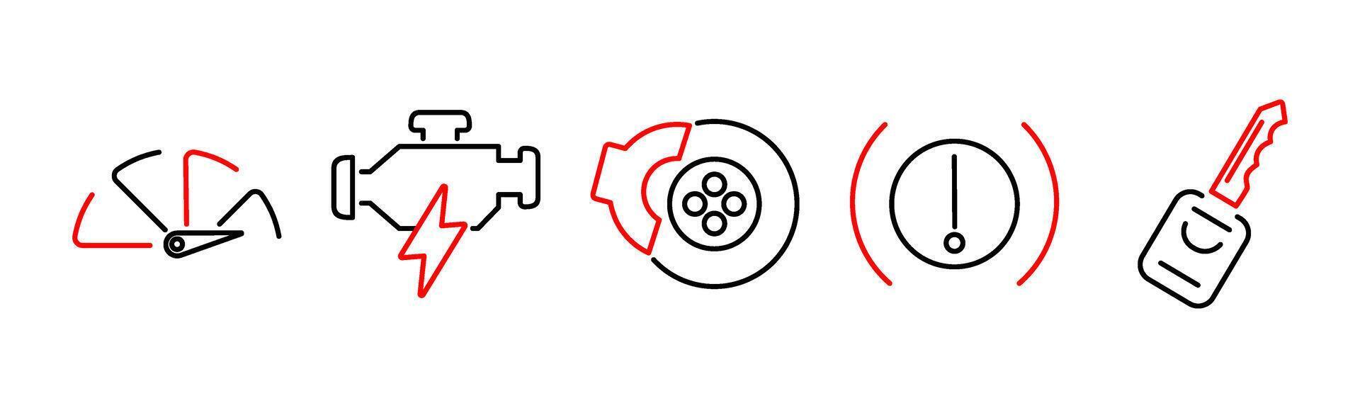 5 Car icons as gauge, engine, brake in red bold vector