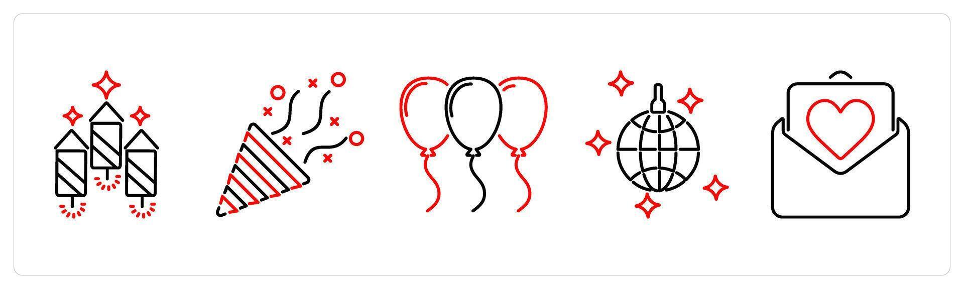 5 Celebrate icons as firecrackers, celebrate, balloons in red bold vector