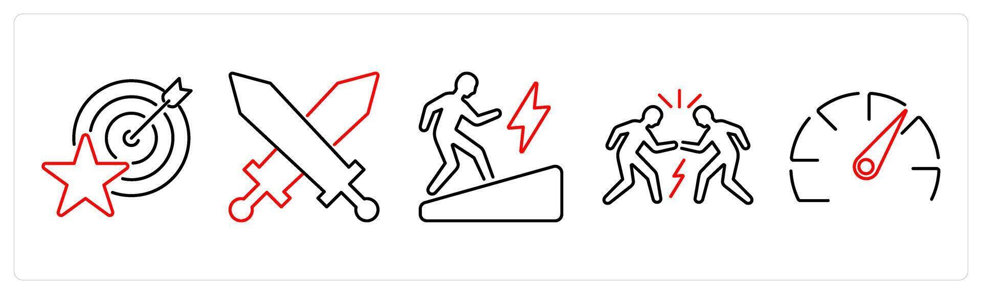 5 Challenge icons as challenge, battle, determination in red bold vector