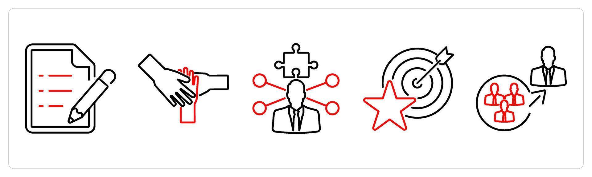 5 Challenge icons as exam, teamwork, resolve issues in red bold vector