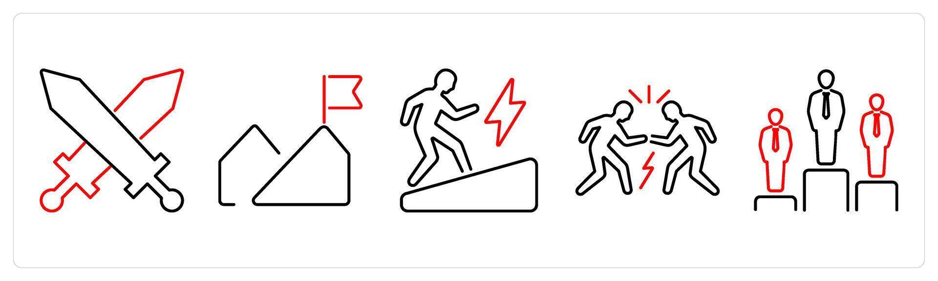 5 Challenge icons as battle, mission, determination in red bold vector