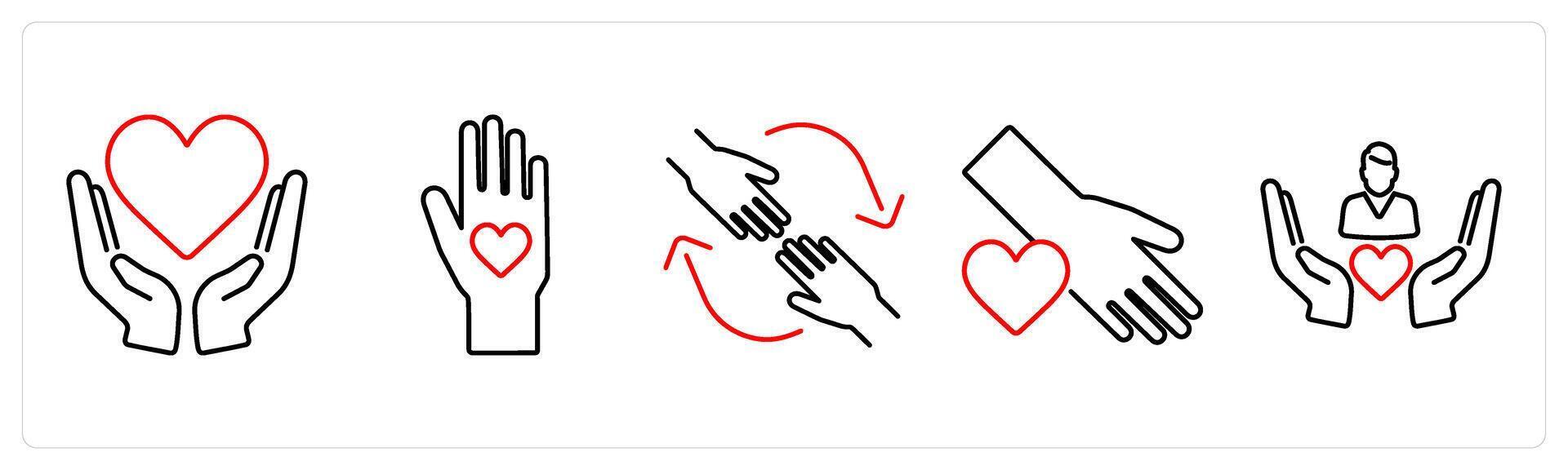 5 Charity and donation icons as charity, voluntary, help in red bold vector