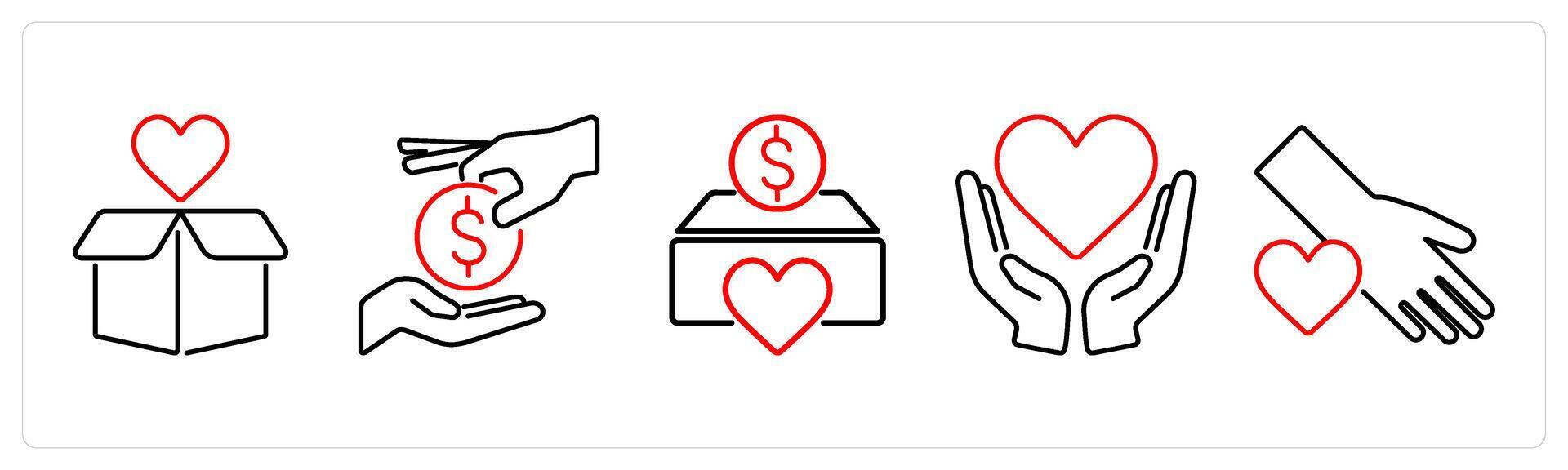 5 Charity and donation icons as donation box, donate, charity box in red bold vector