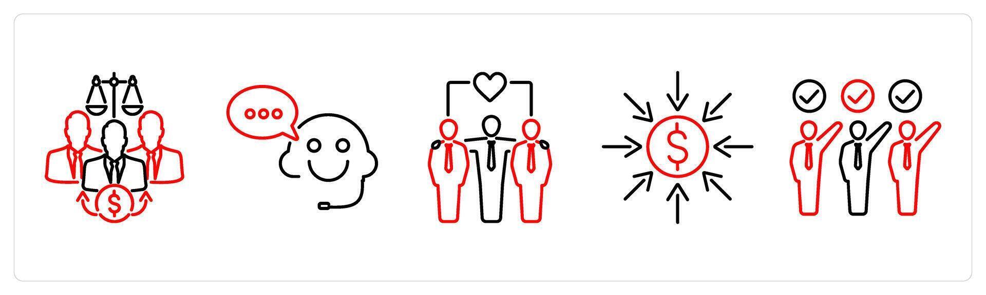 5 Charity and donation icons as fair distribution, customer support, togetherness in red bold vector