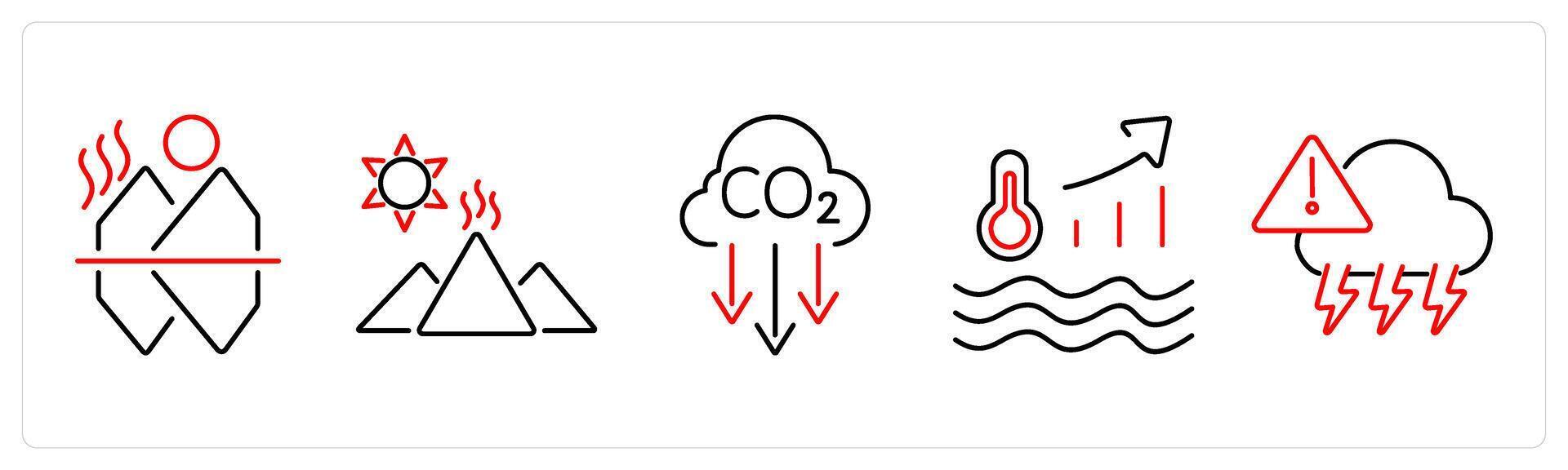 5 climate change icons as melting ice, glacier, co2 reduction in red bold vector