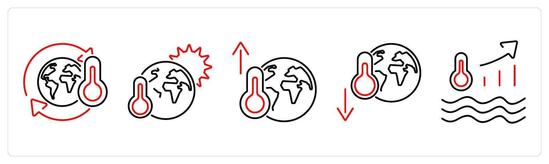 5 climate change icons as climate change, global warming, temperature increase in red bold vector
