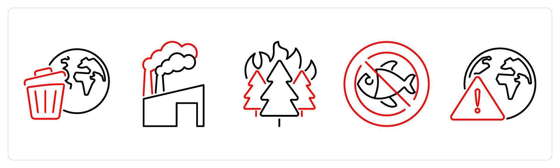 5 climate change icons as earth pollution, wildfire, extinction of species in red bold vector