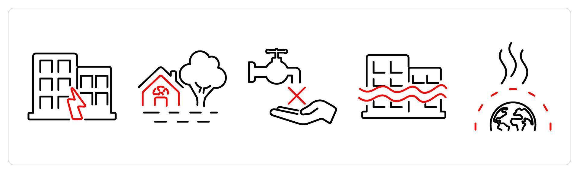 5 climate change icons as earthquake, flooding, no water in red bold vector