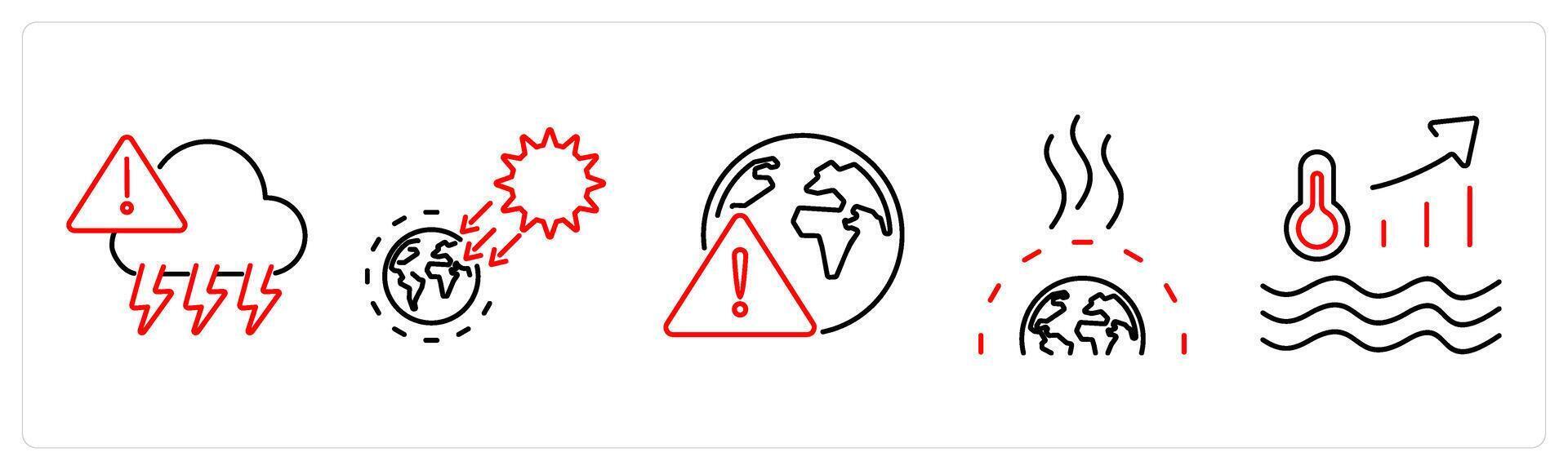 5 climate change icons as extreme weather, solar irradiance, warning in red bold vector