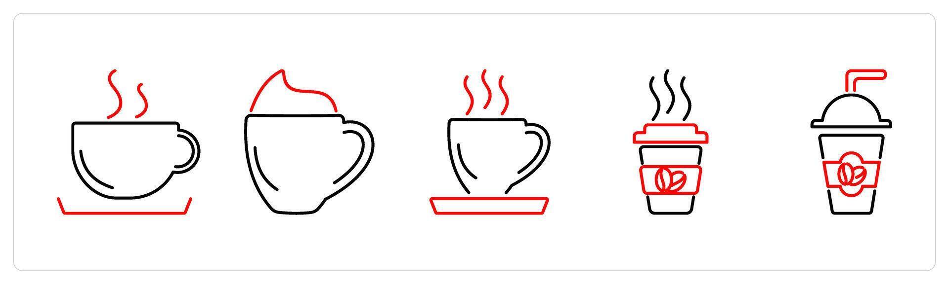 5 Coffee icons as coffee, latte coffee, espresso in red bold vector