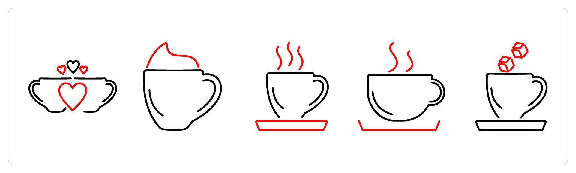 5 Coffee icons as coffee love, latte coffee, espresso in red bold vector