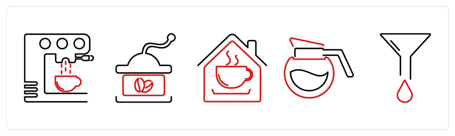 5 Coffee icons as coffee machine, coffee shop, coffee pot in red bold vector