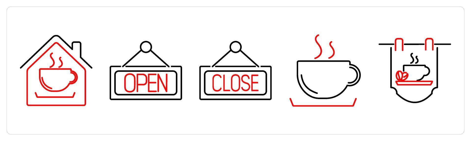 5 Coffee icons as coffee shop, open, close in red bold vector
