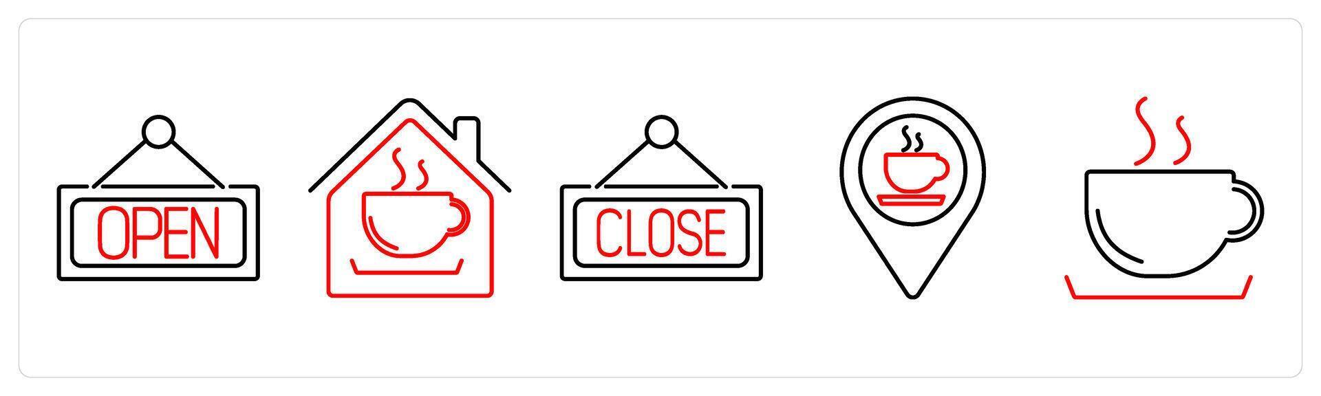 5 Coffee icons as open, coffee shop, close in red bold vector