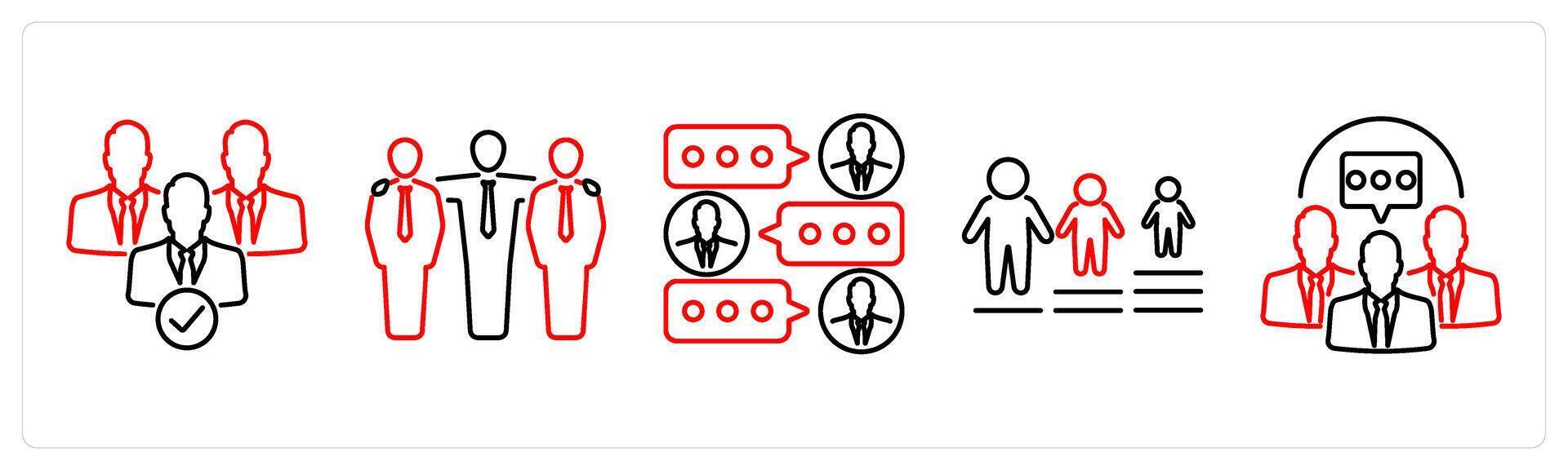 5 Community icons as team, friendship, group chat in red bold vector