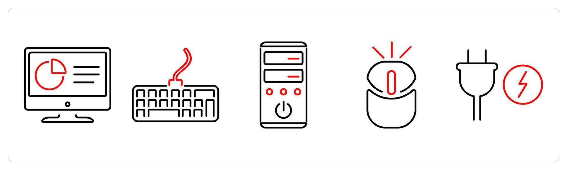 5 Computer Parts icons as monitor, keyboard, system unit in red bold vector