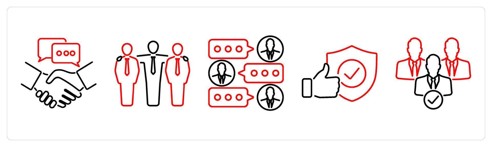 5 Community icons as relationships, friendship, group chat in red bold vector