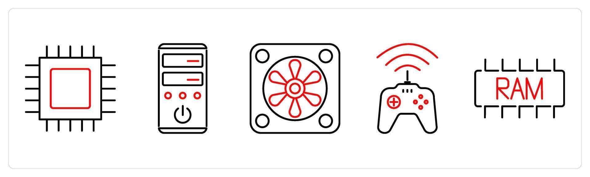 5 Computer Parts icons as cpu processor, system unit, system fan in red bold vector