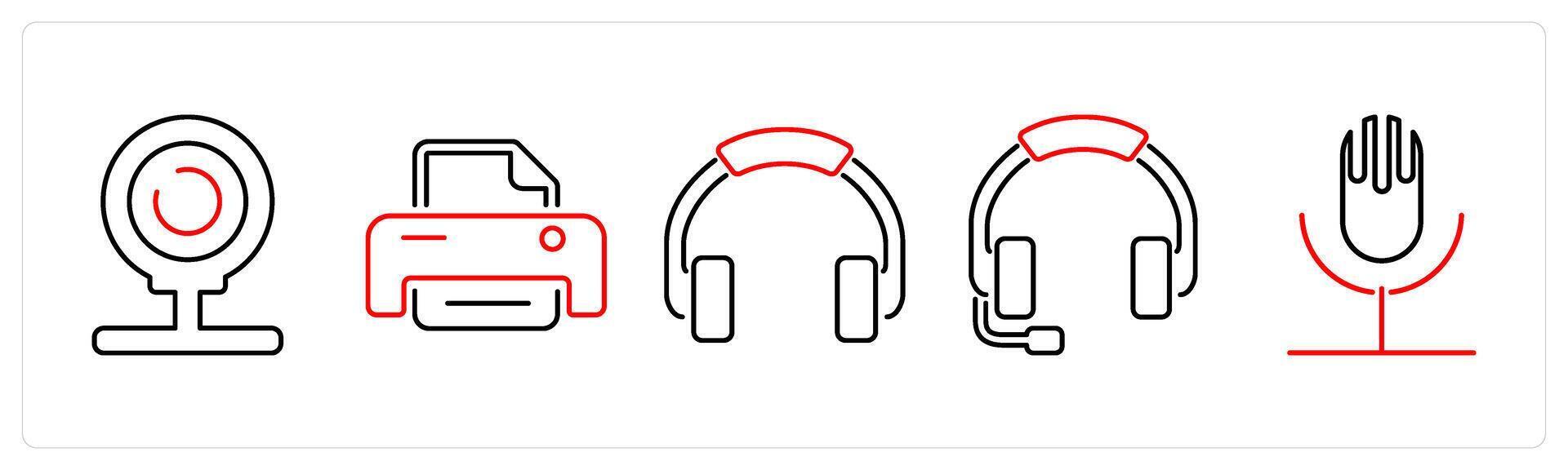 5 Computer Parts icons as web cam, printer, headphone in red bold vector