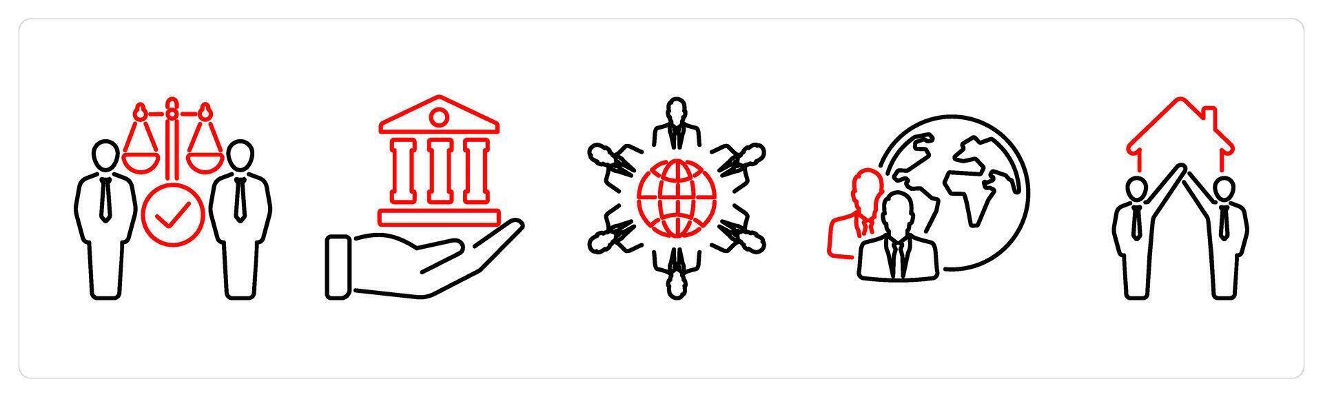 5 Community icons as human rights, heritage, culture in red bold vector