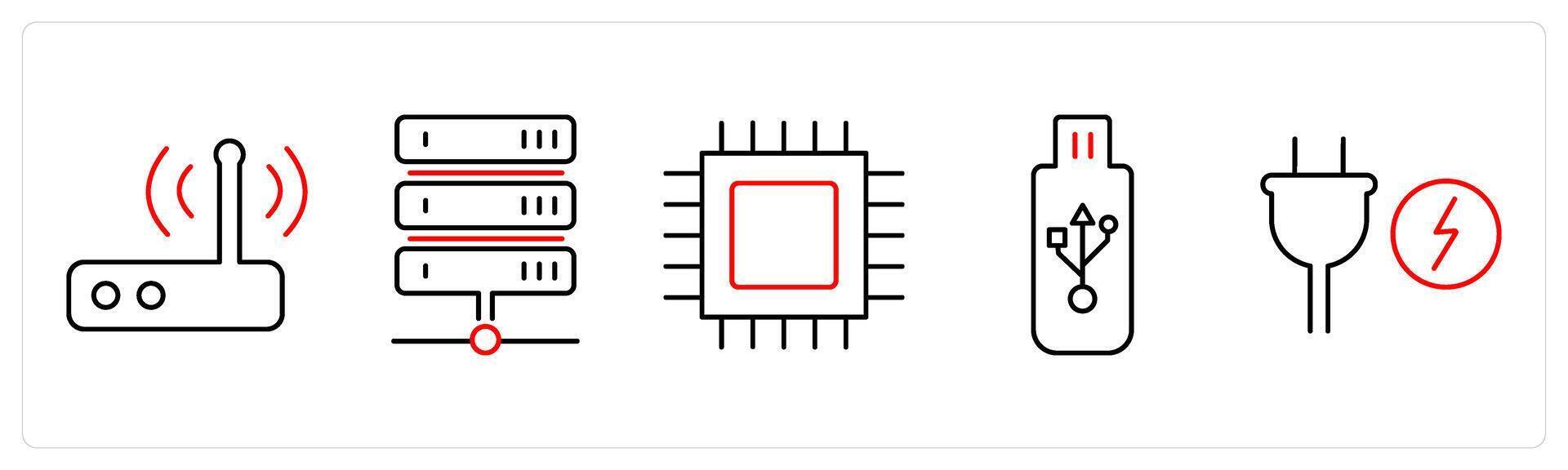 5 Computer Parts icons as router, server, cpu processor in red bold vector
