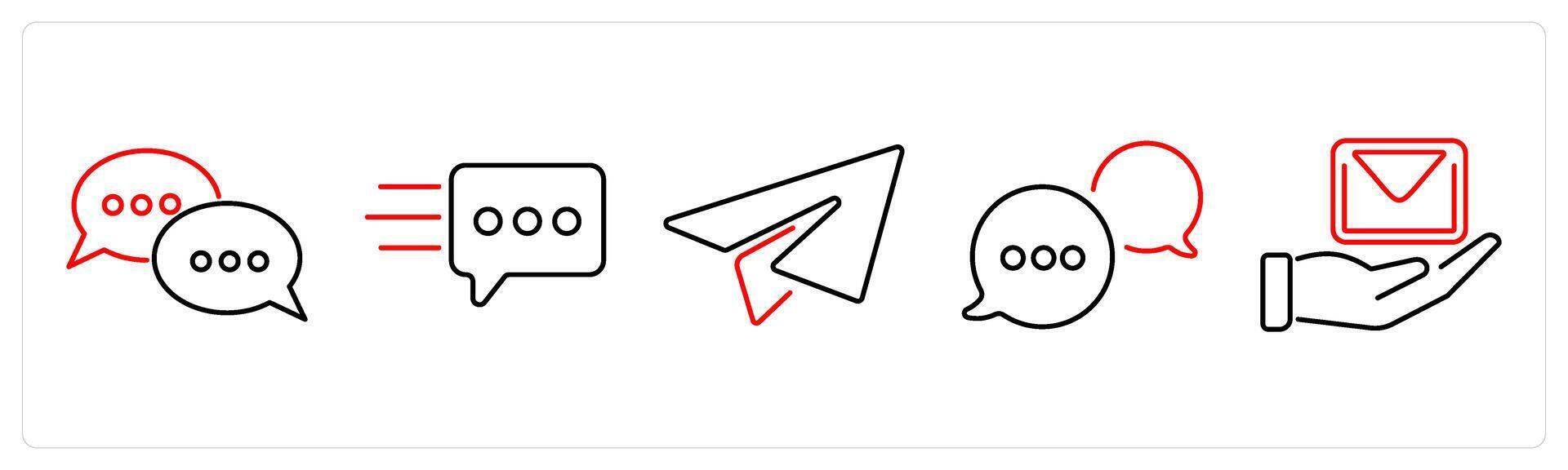 5 Contact icons as message, paper plane, live chat in red bold vector