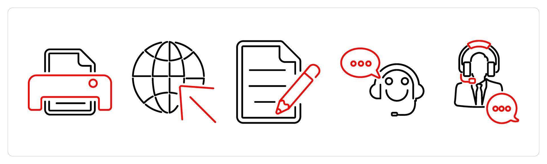 5 Contact icons as printer, website, contact form in red bold vector