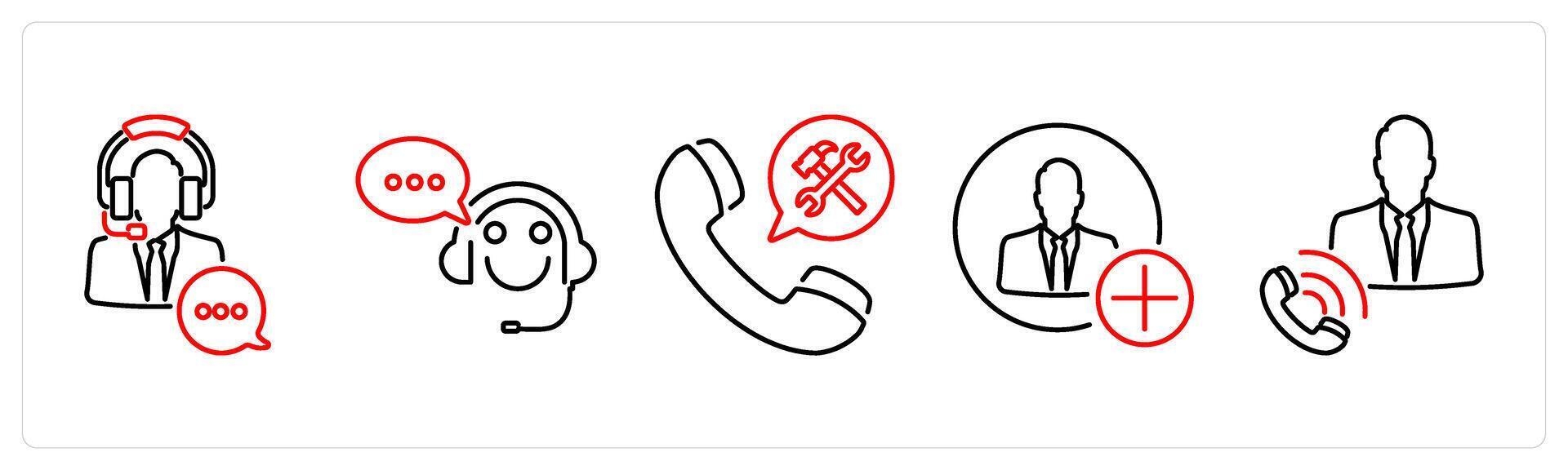 5 Contact icons as customer service, customer support, assistance in red bold vector