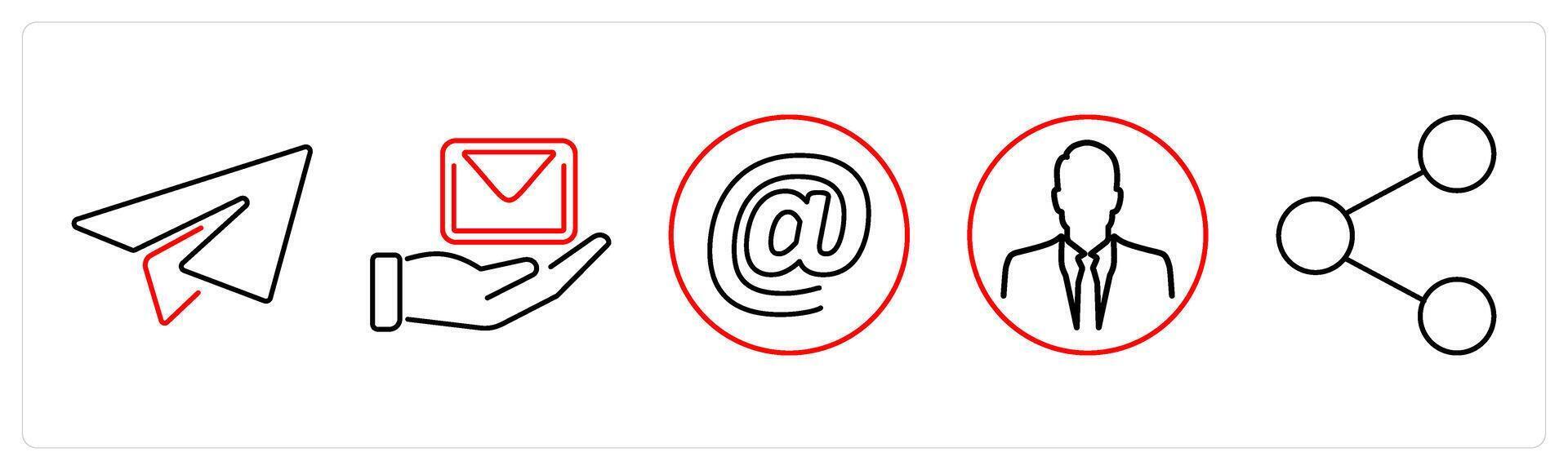 5 Contact icons as paper plane, email, at the rate in red bold vector
