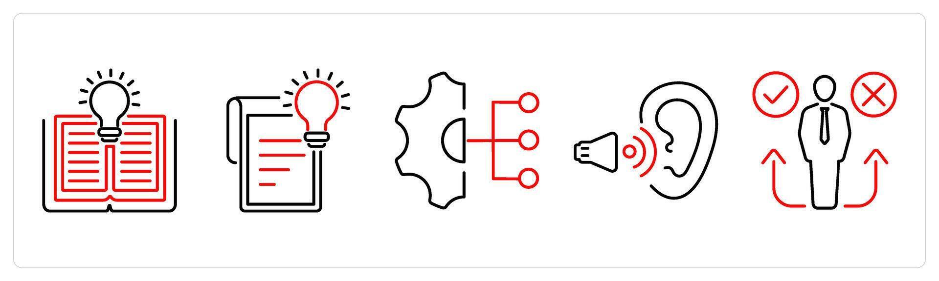 5 Critical Thinking icons as knowledge, concept, work responsibilities in red bold vector