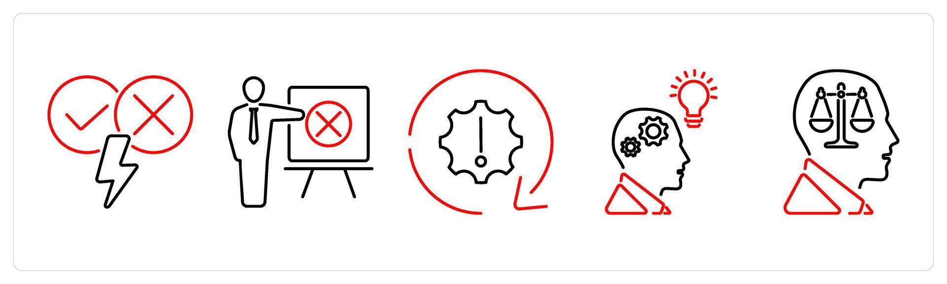 5 Critical Thinking icons as argument, identifying errors, problem in red bold vector