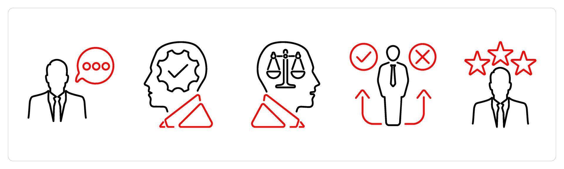 5 Critical Thinking icons as thinking, interpretation, rationality in red bold vector