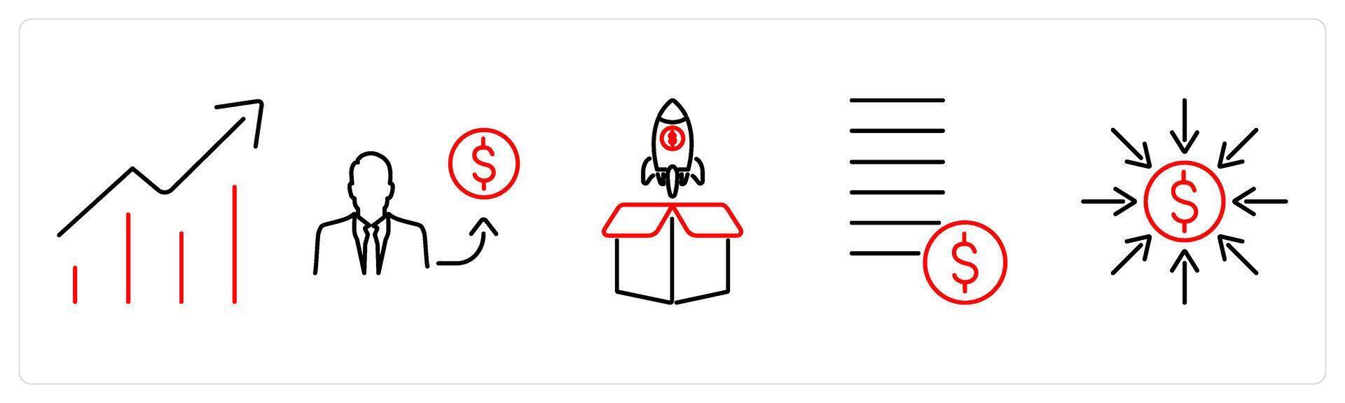 5 Crowdfunding icons as growth, investors, launch in red bold vector