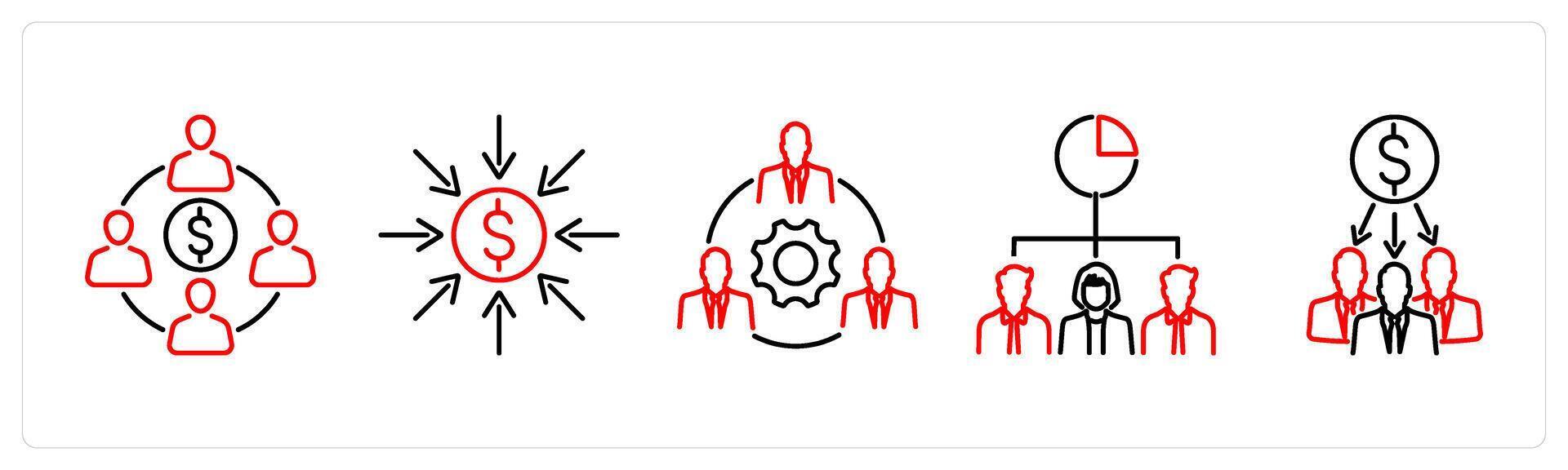 5 Crowdfunding icons as crowdfunding, contribution, collaborative in red bold vector