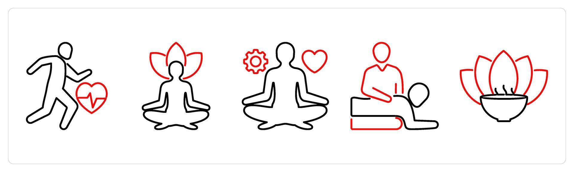 5 mix icons as exercise, yoga, stress management in red bold vector