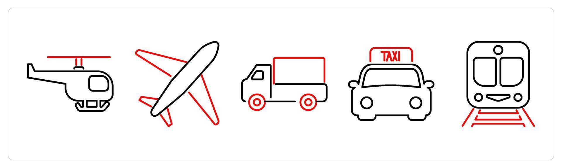 5 mix icons as helicopter, plane, truck in red bold vector