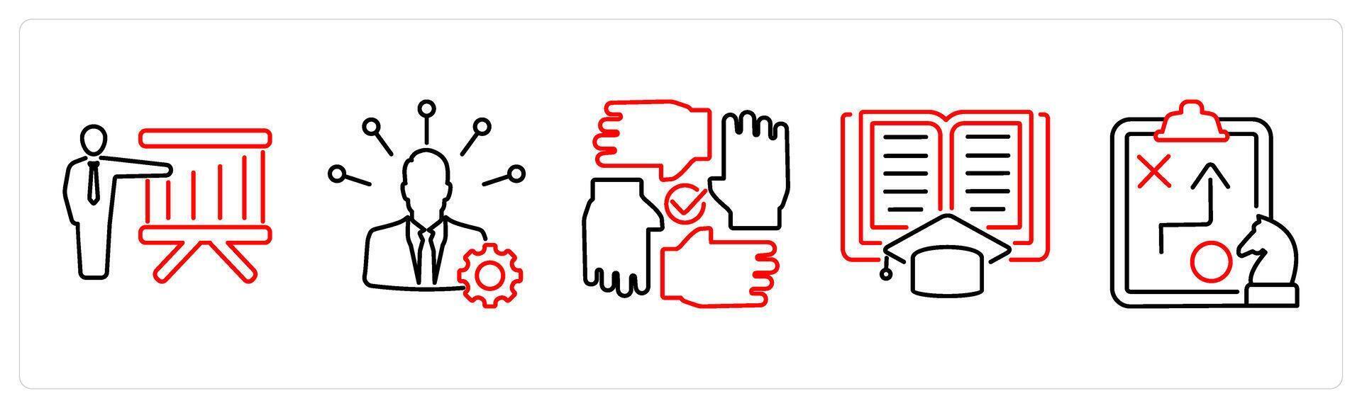 5 mix icons as board presentation, business management, collaboration in red bold vector